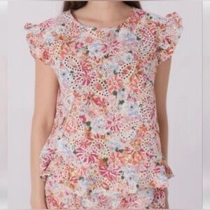 SOLITAIRE Women’s Ruffle Sleeve + Hem Floral Embroidered Eyelet Top- L